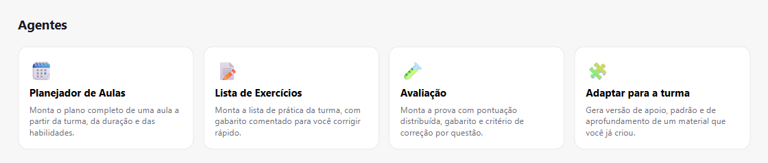Tela do squad com os quatro agentes: Planejador de Aulas, Lista de Exercícios, Avaliação e Adaptar para a turma, cada um com ícone e descrição