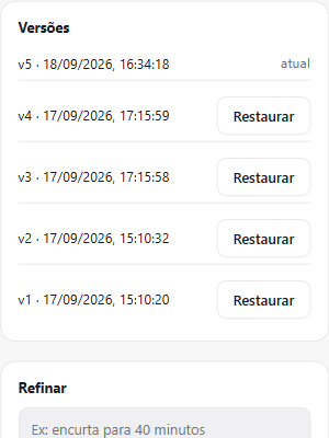 Painel de versões do documento, com a versão atual no topo e as anteriores abaixo, cada uma com data, hora e botão de restaurar
